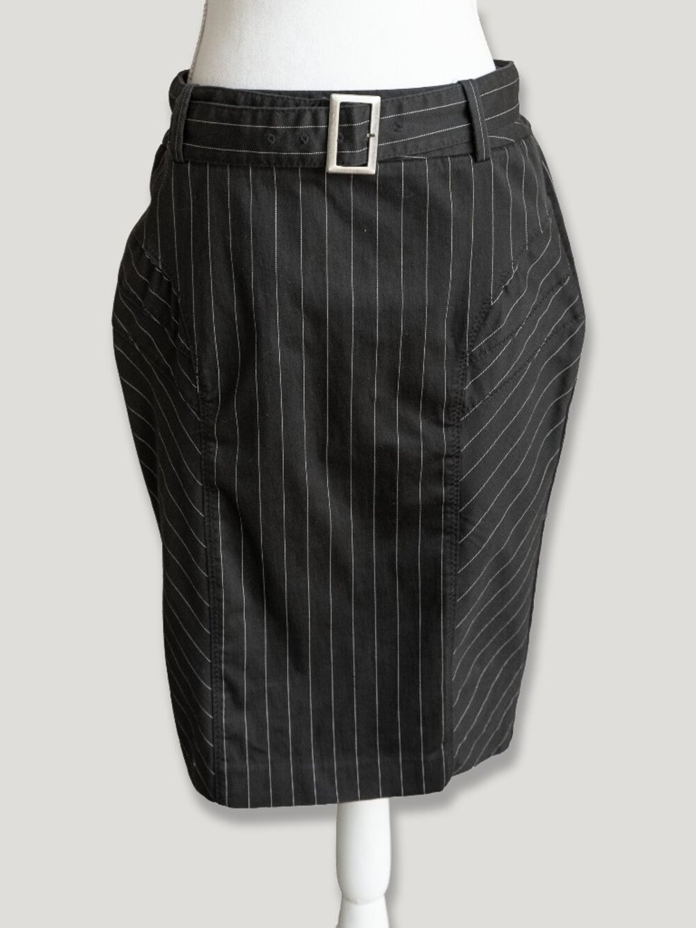 Vintage Black Pinstripe Pencil Skirt High Waist Y2k Stretch Panel Mobster Midi